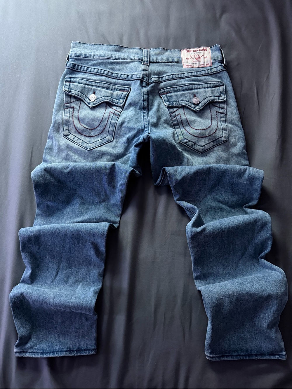 True Religion Men’s Blue Straight Jeans with Signature Back Pockets 32 Length